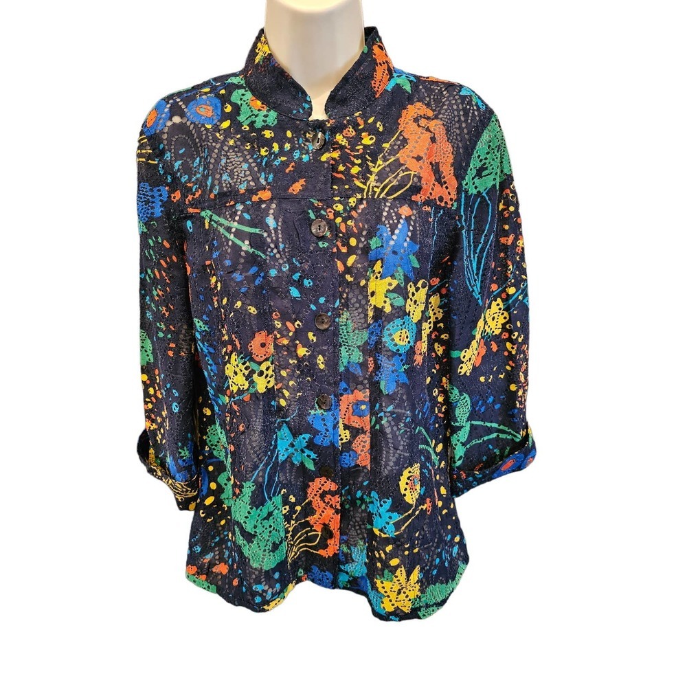 Multiples floral see through shaket button up EUC size small